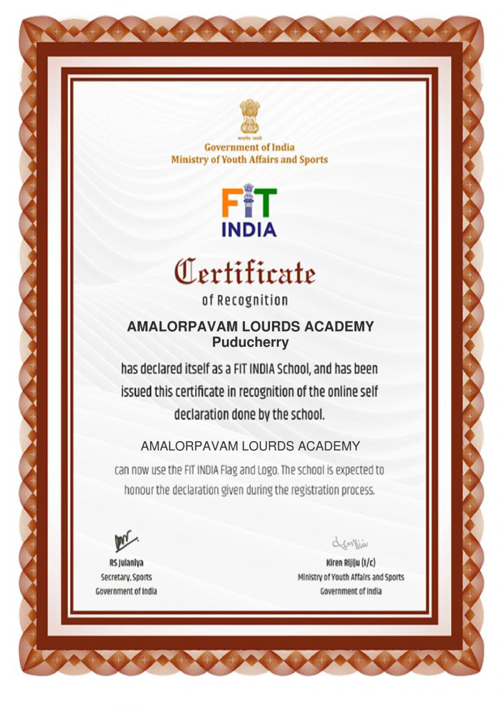 FIT INDIA Certification of Recognition for Amalorpavam Lourds Academy CBSE School